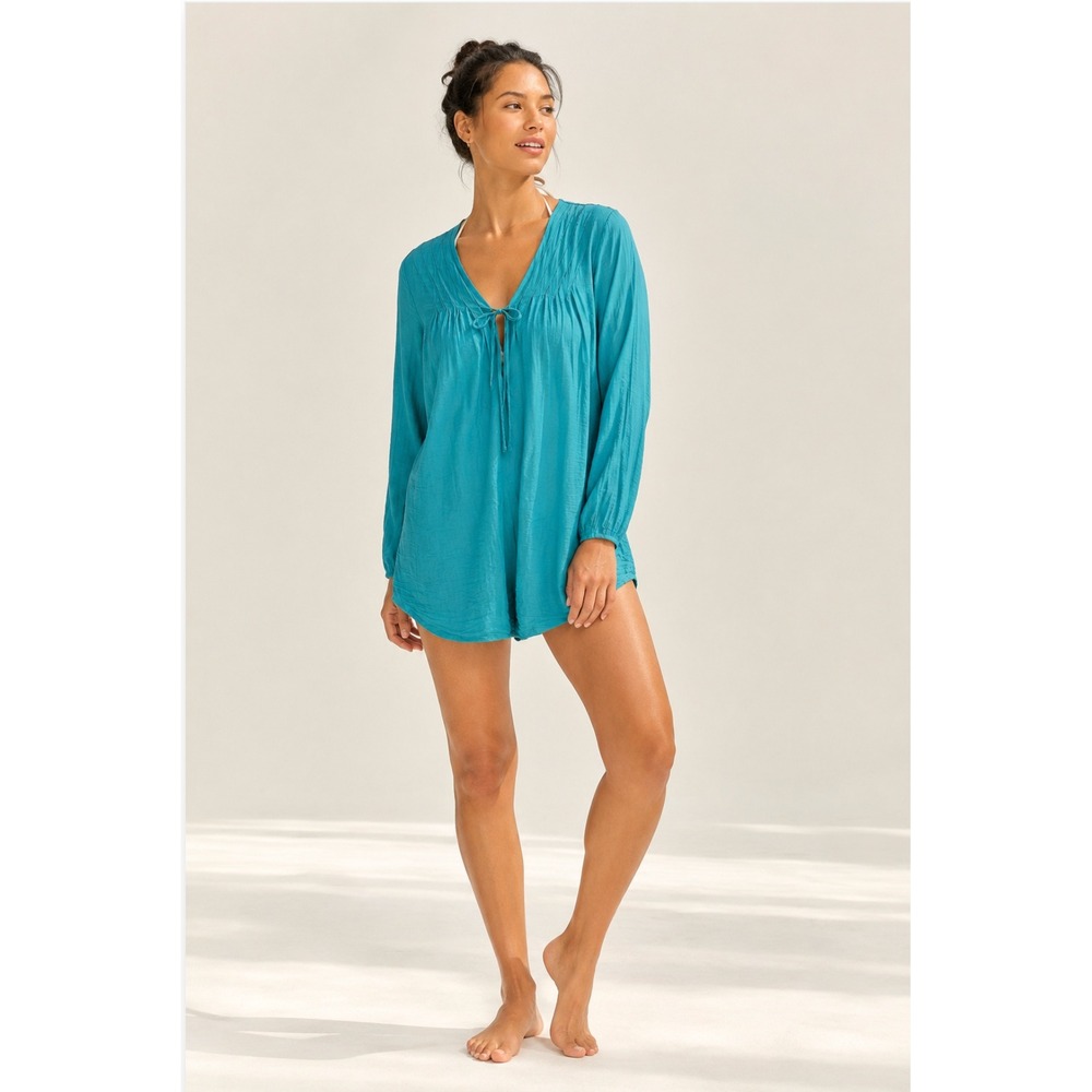 Athleta Tunic Top Coverup S Turquoise Crinkle Cotton V-Neck Tie Gauze Coastal